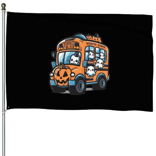 Ghost Halloween School Bus House Flags