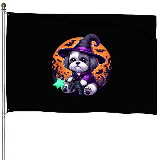 Halloween design Shih Tzu Wizard gamer House Flags