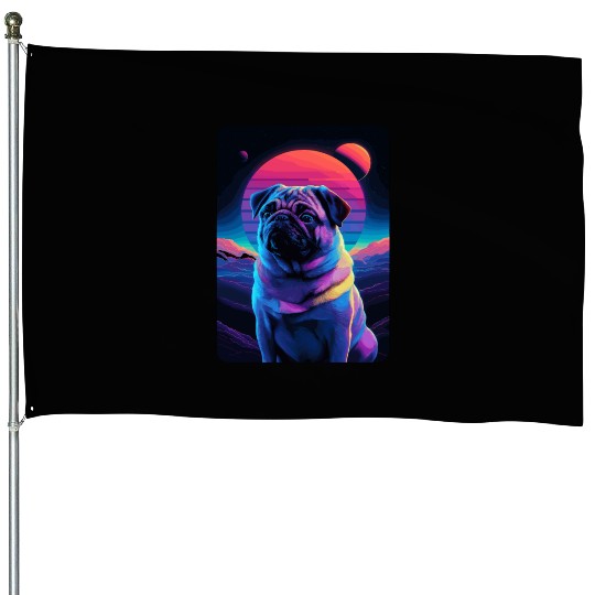 Animal Art Planet Fantasy Artwork Pug in Neon House Flags
