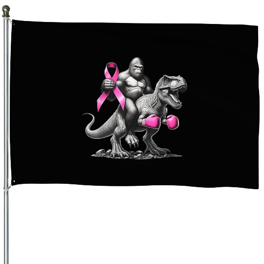 Bigfoot Riding T Rex Dinosaur Breast Cancer Awaren House Flags