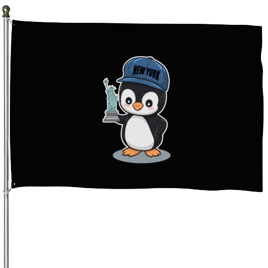 New York Penguin Holding Statue Of Liberty House Flags
