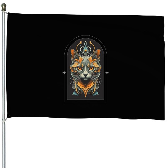 Elegant stylish black and gold cat face House Flags