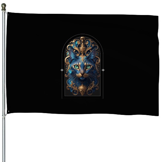 Elegant stylish blue and gold cat face House Flags