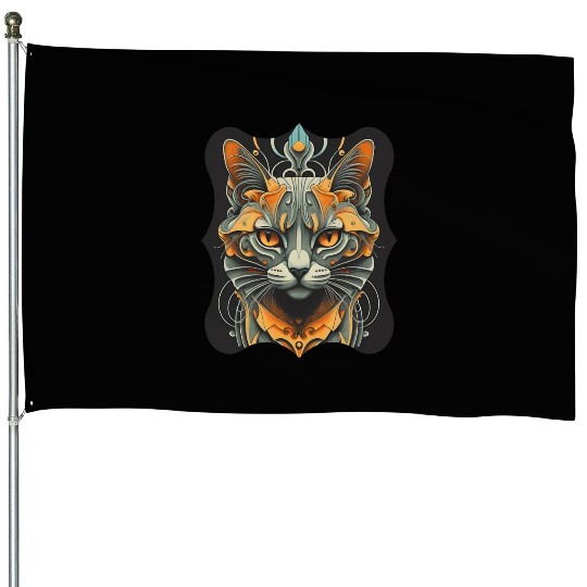 Elegant stylish black and gold cat face House Flags
