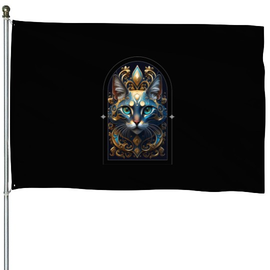 Elegant stylish blue and gold cat face House Flags