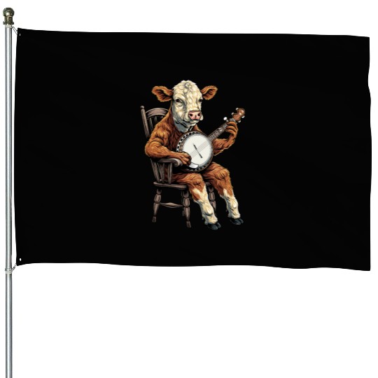 Hereford Cattle Farmer Bluegrass Banjo Player House Flags