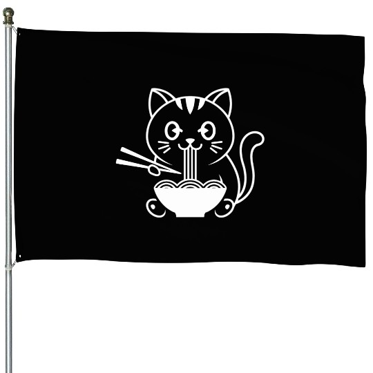 Cute Cat Eating Ramen Kawaii Food Design House Flags