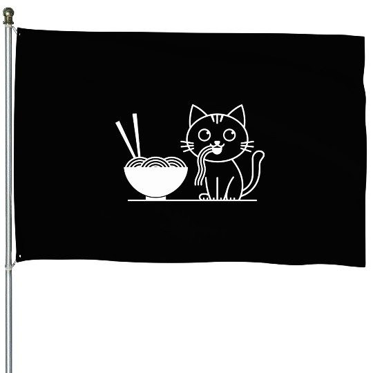Cute Cat Eating Ramen Kawaii Food Design House Flags