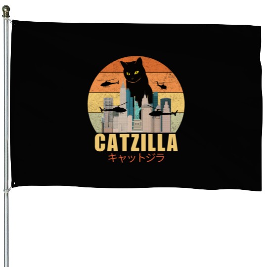 Retro Vintage Catzilla Japanese Cute Cat Lover House Flags