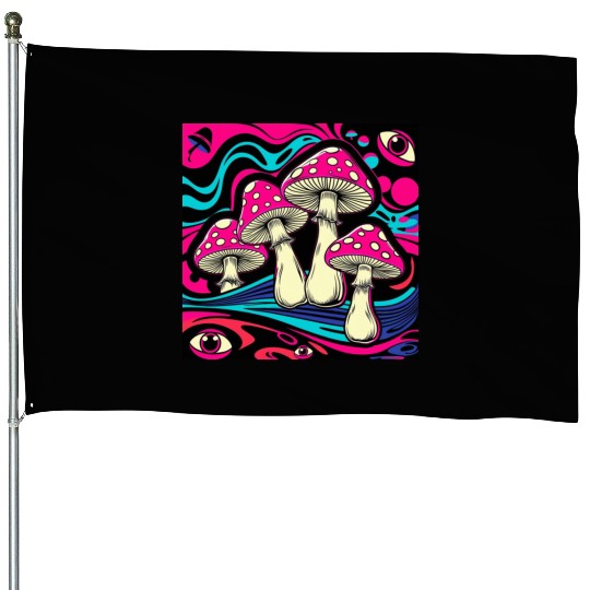 Psychedelic Shrooms: Neon Fungi Fantasy House Flags