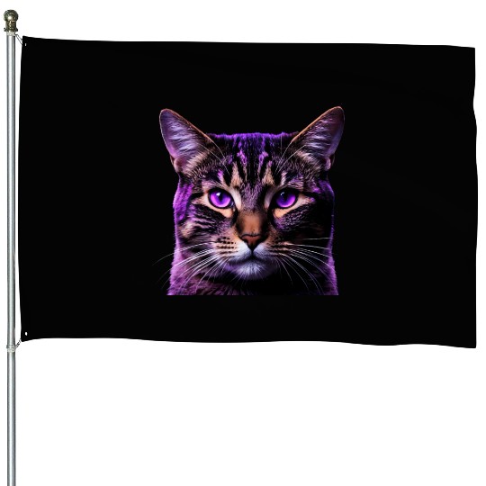 Vivid Lilac-Eyed Tabby Cat Portrait House Flags