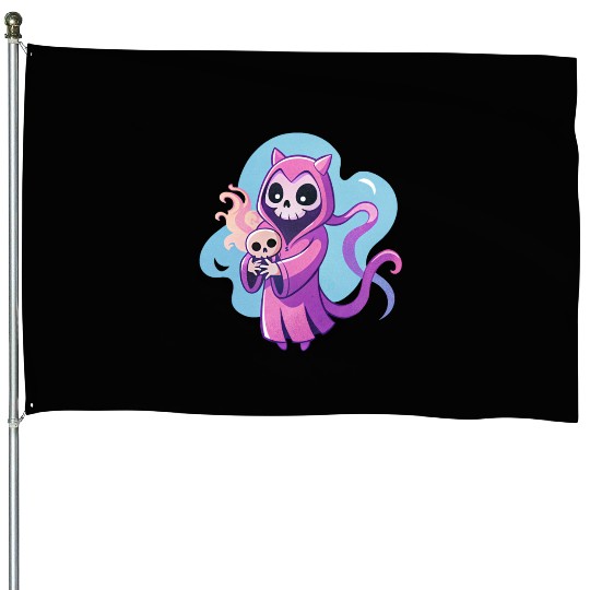 skeletal figure, violet pink robe, lavender puppy House Flags