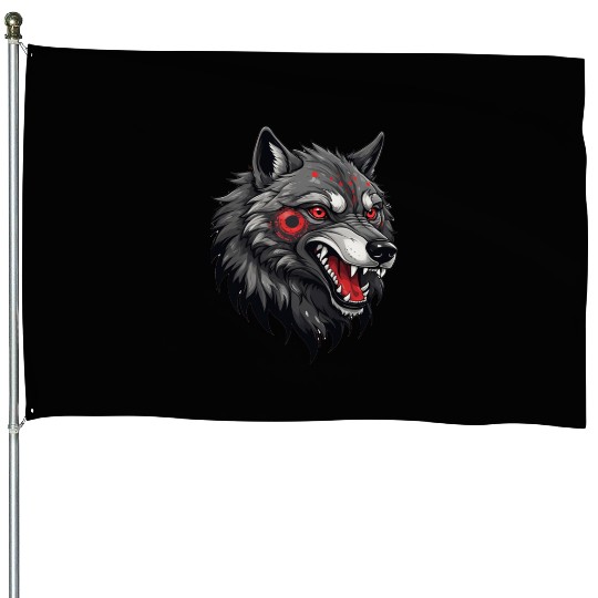 Fierce Wolf Head Illustration with Red Tribal Mark House Flags
