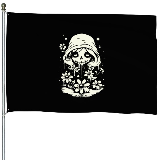 Lovely Lady Skull and Daisy Flowers House Flags