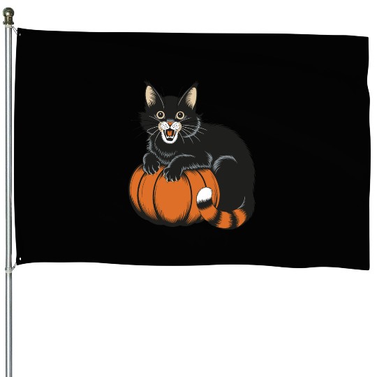 Surprised Halloween Cat With Pumpkin Vintage Style House Flags