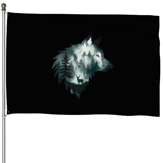 A Captivating Intricate Artwork Featuring A Wolf House Flags