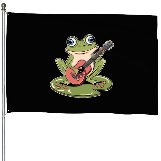 Frog Playing Guitar On Lily Pad House Flags