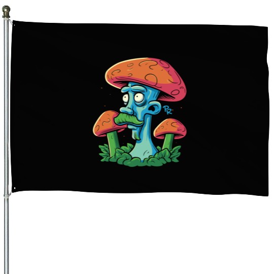 Mushroom Moustache Man – Trippy Fungi Art House Flags