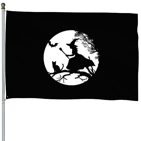 Halloween Witch with Cat and Bat Design House Flags