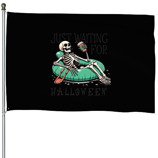 Waiting for halloween saying skeleton at pool House Flags