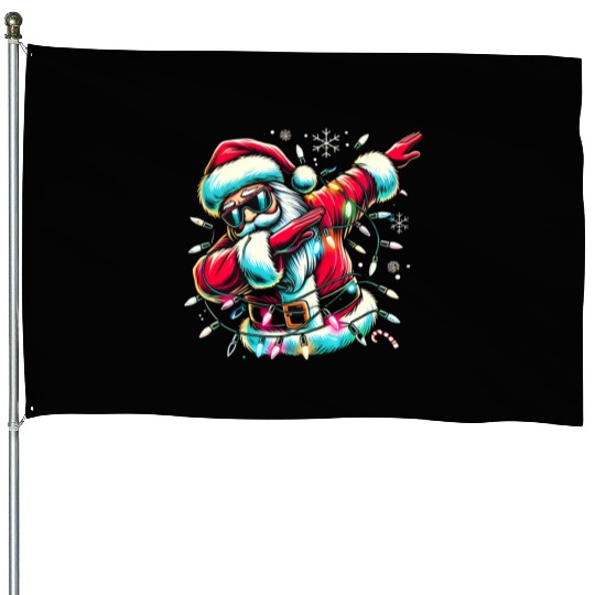 Dabbing Santa with Christmas Lights and Snowflakes House Flags