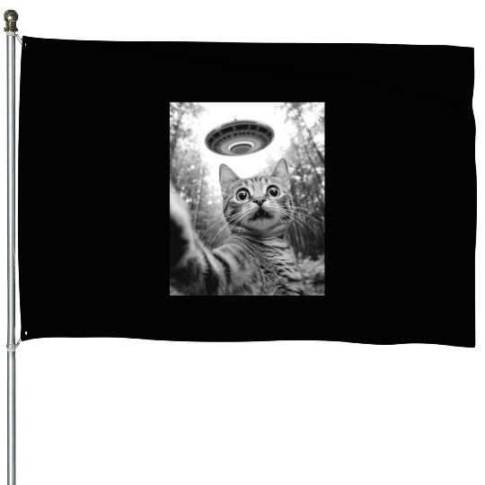 Funny Cat UFO Alien Abduction Cat Selfie Meme House Flags