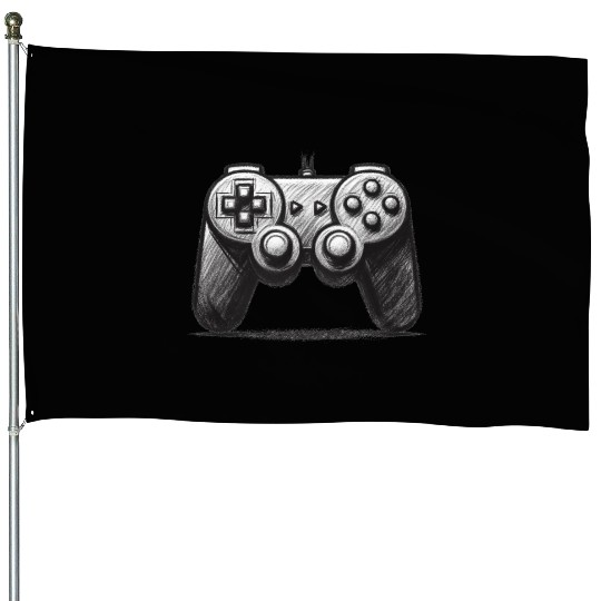 Gamer Controller Cartoon Charcoal Gaming Art 4 House Flags