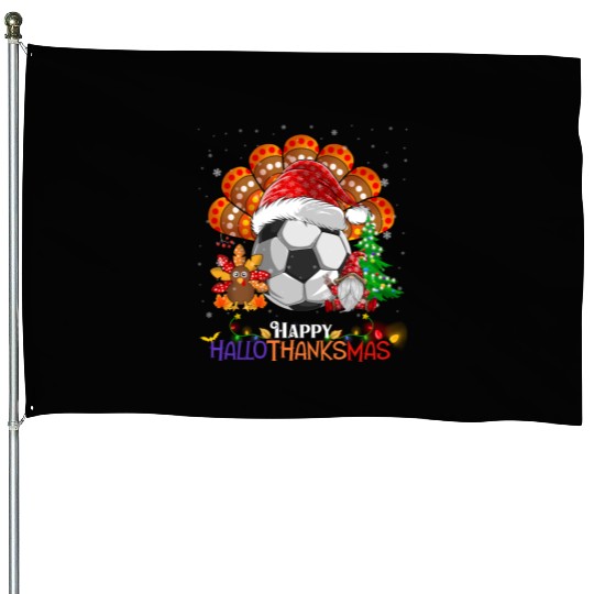 Soccer Turkey Gnome Happy Hallothanksmas House Flags