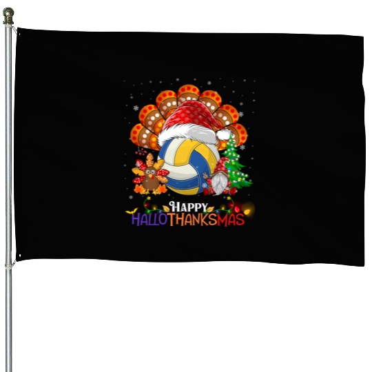 Volleyball Turkey Gnome Happy Hallothanksmas House Flags