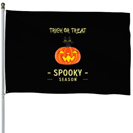 Spooky Season Trick or Treat Cat on Pumpkin House Flags