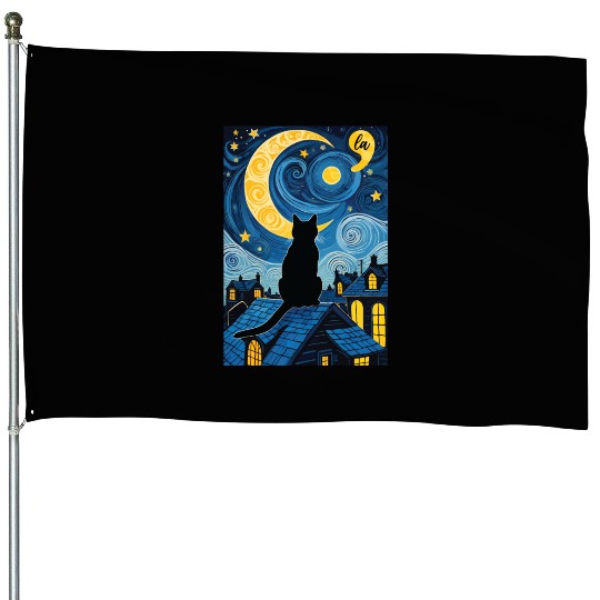 Halloween Starry Night Black Cat Comma La Harris House Flags