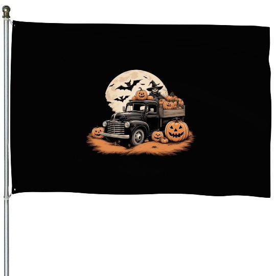 spooky halloween Vintage Truck pumpkin bats House Flags