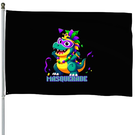 A Cartoon Dinosaur Dressed Up for A Festive Event House Flags