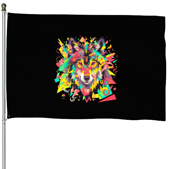 Majestic Pop Art Alpha Wolf - Vibrant Warm House Flags