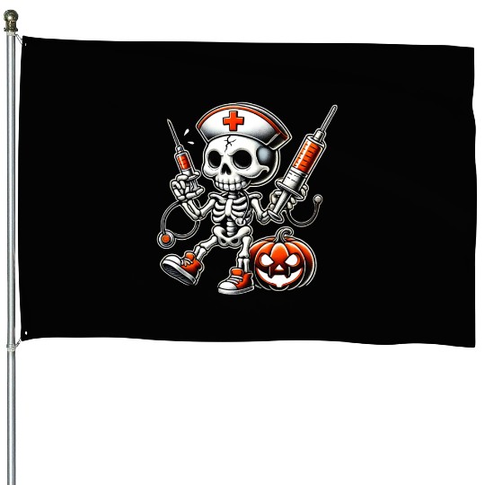 Skeleton Nurse with Medical Syringes Halloween House Flags