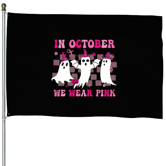In October We Wear Pink Wizard Ghosts Halloween House Flags
