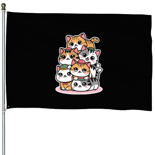 Pile Of Kitty Cats Funny Cute Cat Lover Kawaii House Flags
