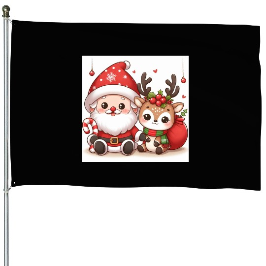 Festive Santa and Reindeer Illustration House Flags