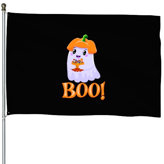 Cute Girl Ghost Boo! with Sweets Pumpkin Halloween House Flags