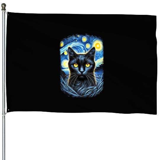 Funny Starry Night Black Cat Van Gogh Art Cat House Flags