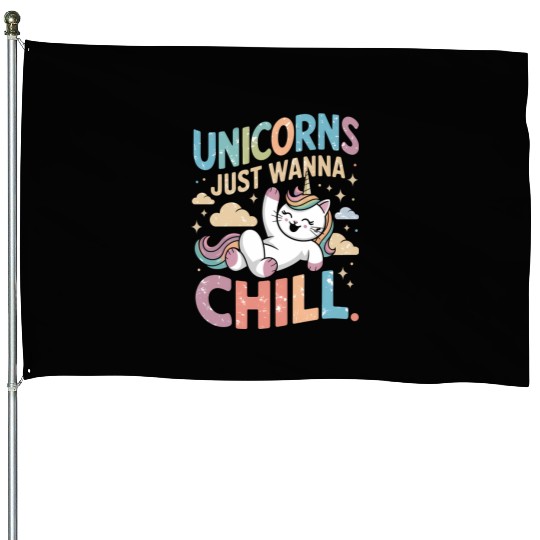 Relaxing Unicorn Cat Embracing the Chill and Rainb House Flags