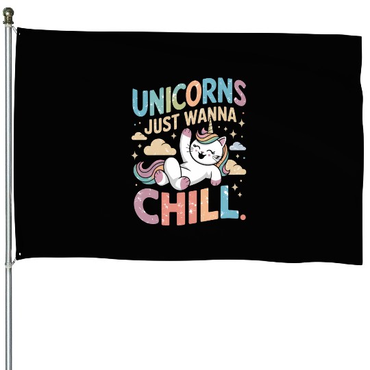 Relaxing Unicorn Cat Embracing the Chill and Rainb House Flags