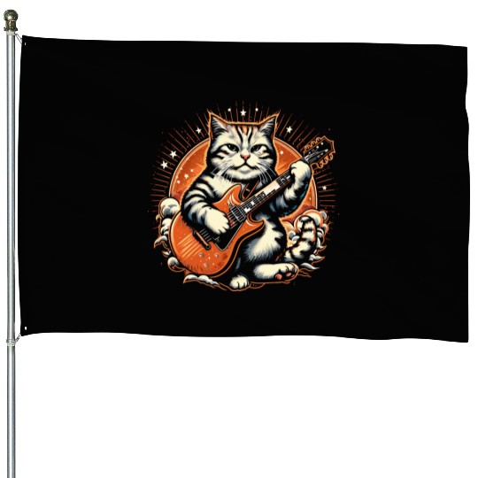 Cat Playing Guitar Rock Star Rock and Roll House Flags