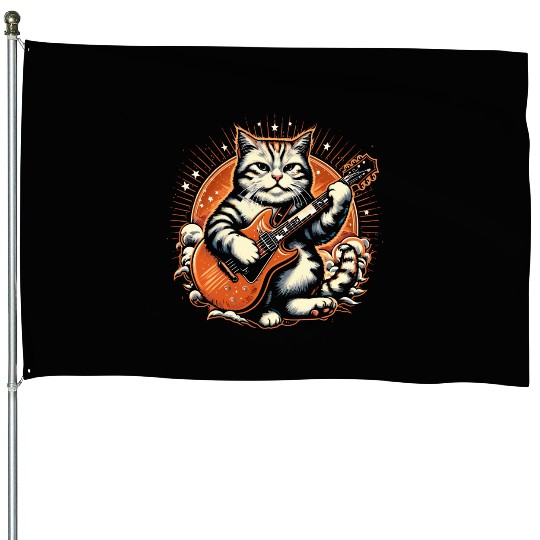 Cat Playing Guitar Rock Star Rock and Roll House Flags