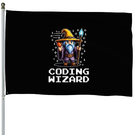 Funny Coding Wizard Pixel Fantasy Coder Magic House Flags