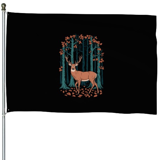 Cottagecore Deer and Autumn Forest Scene House Flags