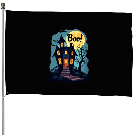 spooky haunted house with a black cat sitting House Flags
