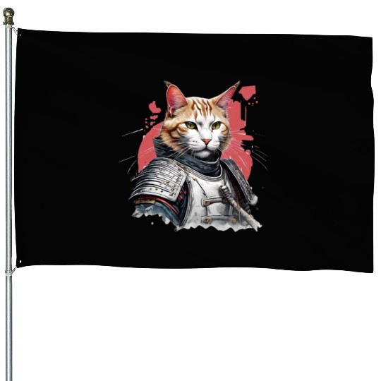 Samurai Cat in Armor House Flags