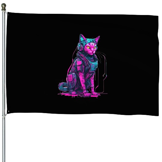 Cyber Warrior Cat House Flags