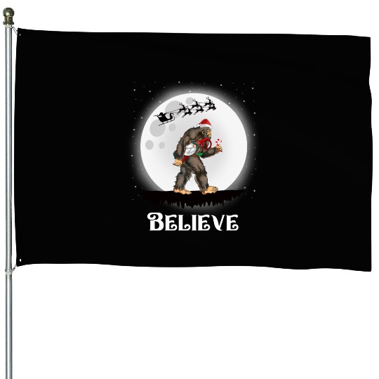 Believe Santa Bigfoot Carrying Gnome Christmas House Flags